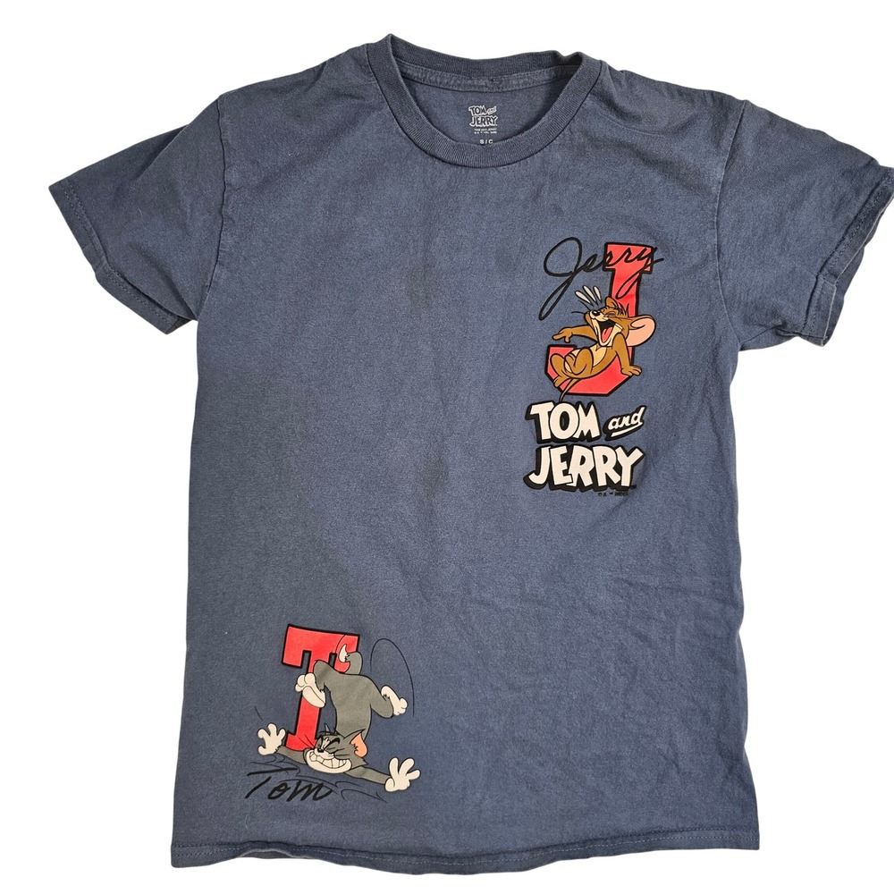 Tom and Jerry Graphic T-Shirt Navy Blue Cotton Short Sleeve Mens Small S/C